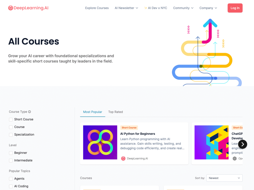 DeepLearning.AI offers several short free AI courses online for beginners