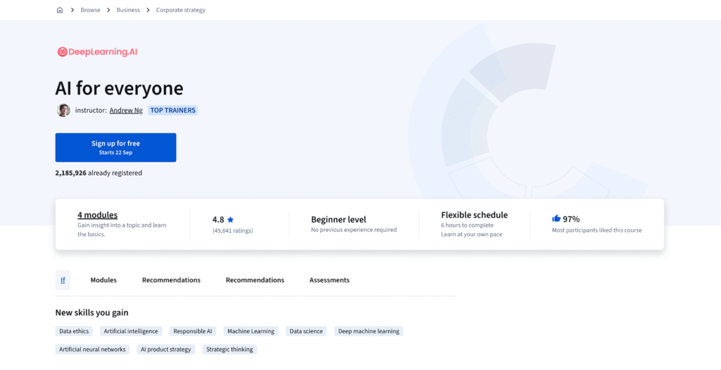 Andrew Ng’s “AI For Everyone” is a classic beginner AI course online.